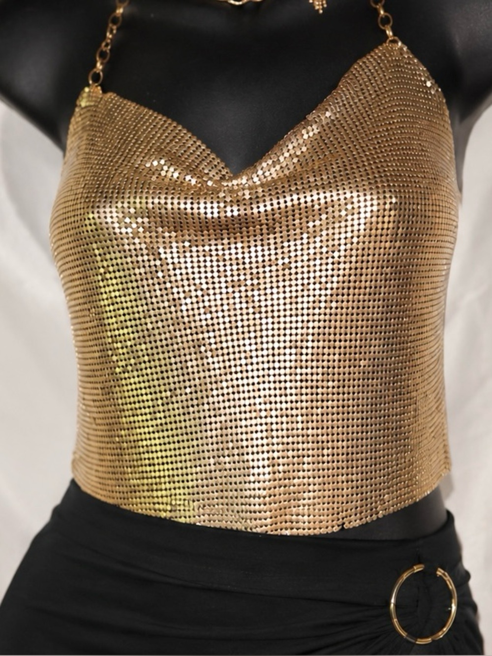 Metallic Sequins Halter Crop Top V Neck Backless Shirt Clubwear Rave Outfit